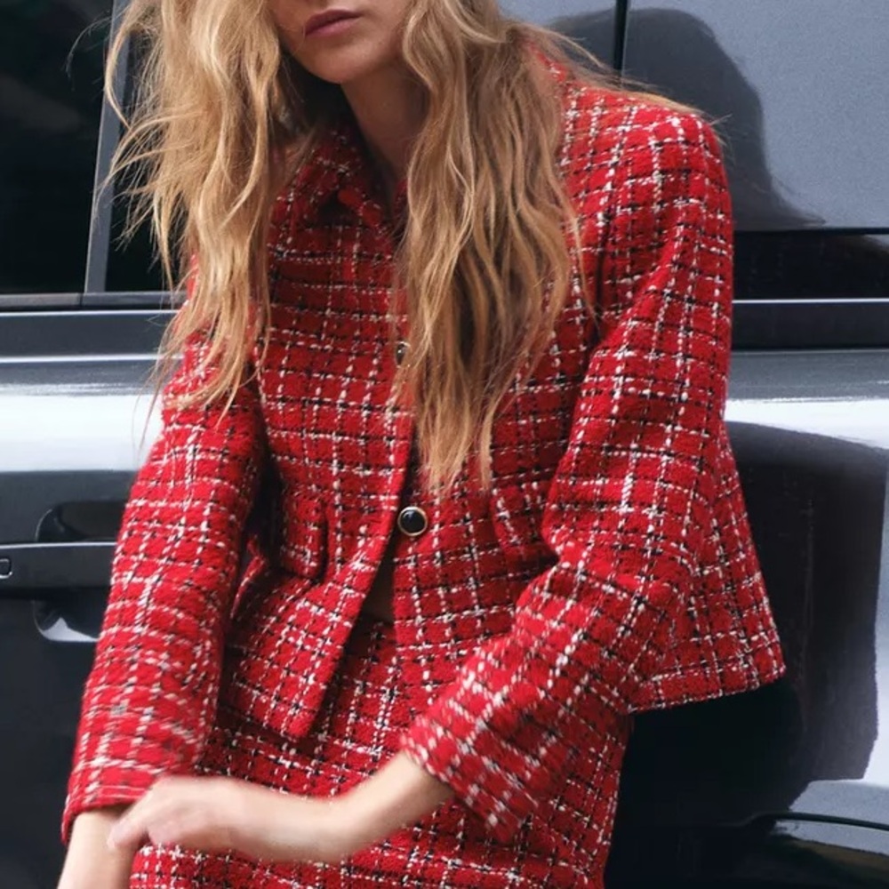 Zara red tweed blazer